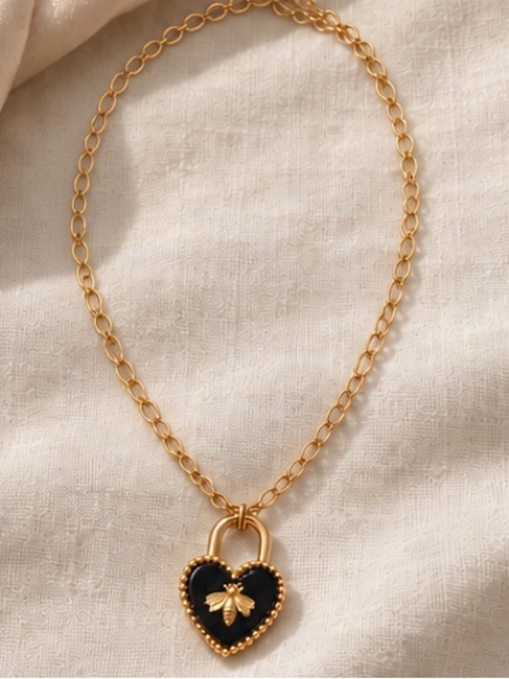 Designer Inspired Black Heart Padlock Bee Pendant Gold Tone Chain Necklace
